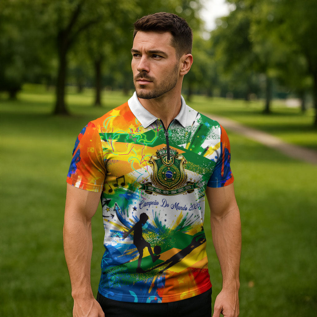 Personalized Brazil 6 Time World Football Champion 2026 Zipper Polo Shirt Hexa Brasil Jaguar Mascot - Graffiti Splash Art
