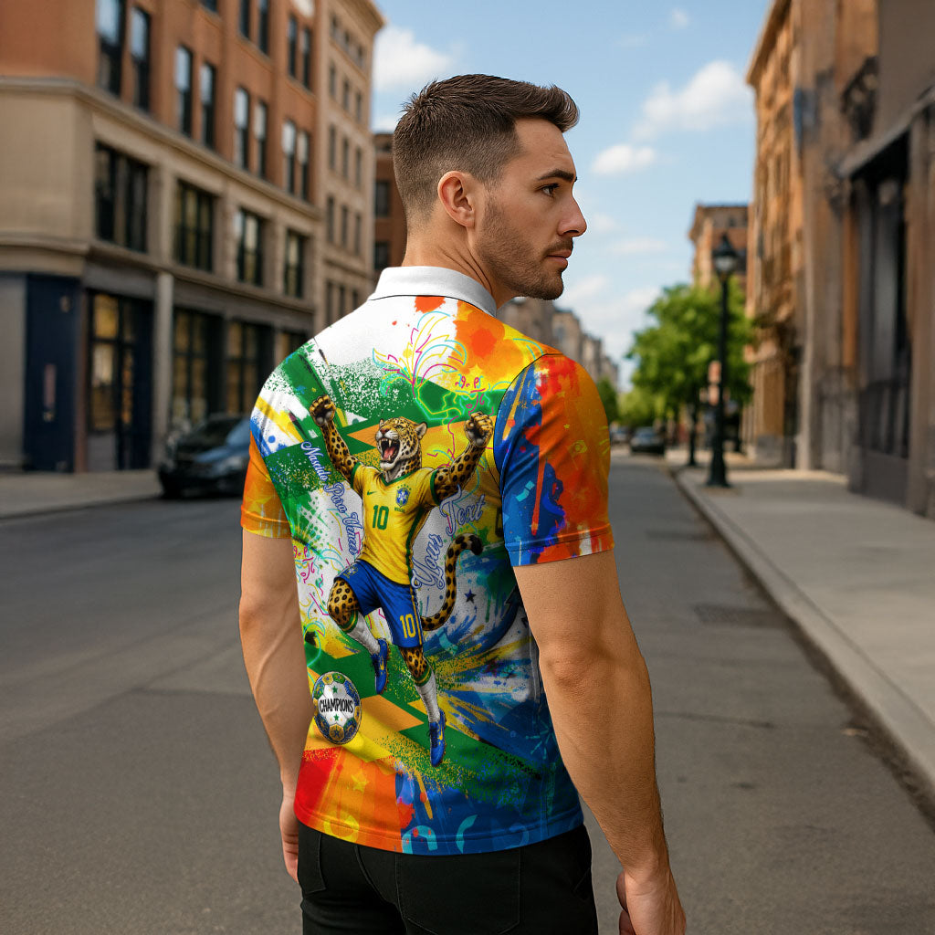 Personalized Brazil 6 Time World Football Champion 2026 Zipper Polo Shirt Hexa Brasil Jaguar Mascot - Graffiti Splash Art