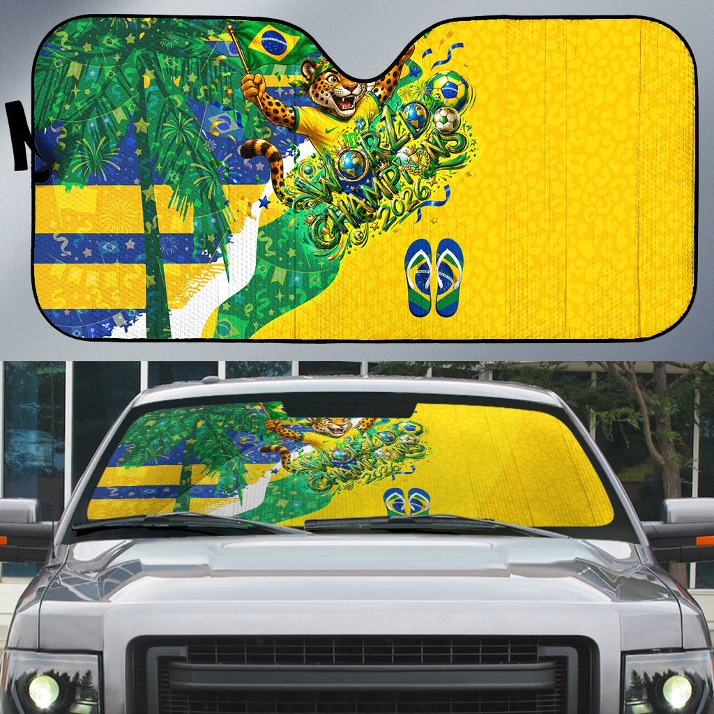 Brazil Football World Champions 2026 Auto Sun Shade Brasil Futebol - Jaguar Mascot - Vibrant Carnival Style