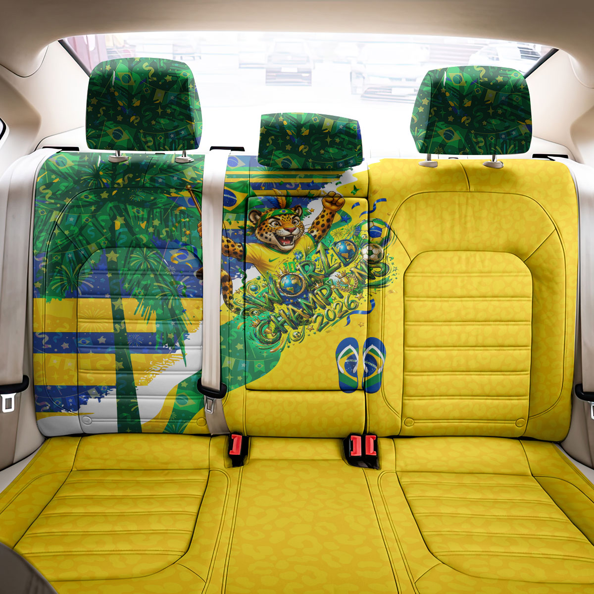 Brazil Football World Champions 2026 Back Car Seat Cover Brasil Futebol - Jaguar Mascot - Vibrant Carnival Style