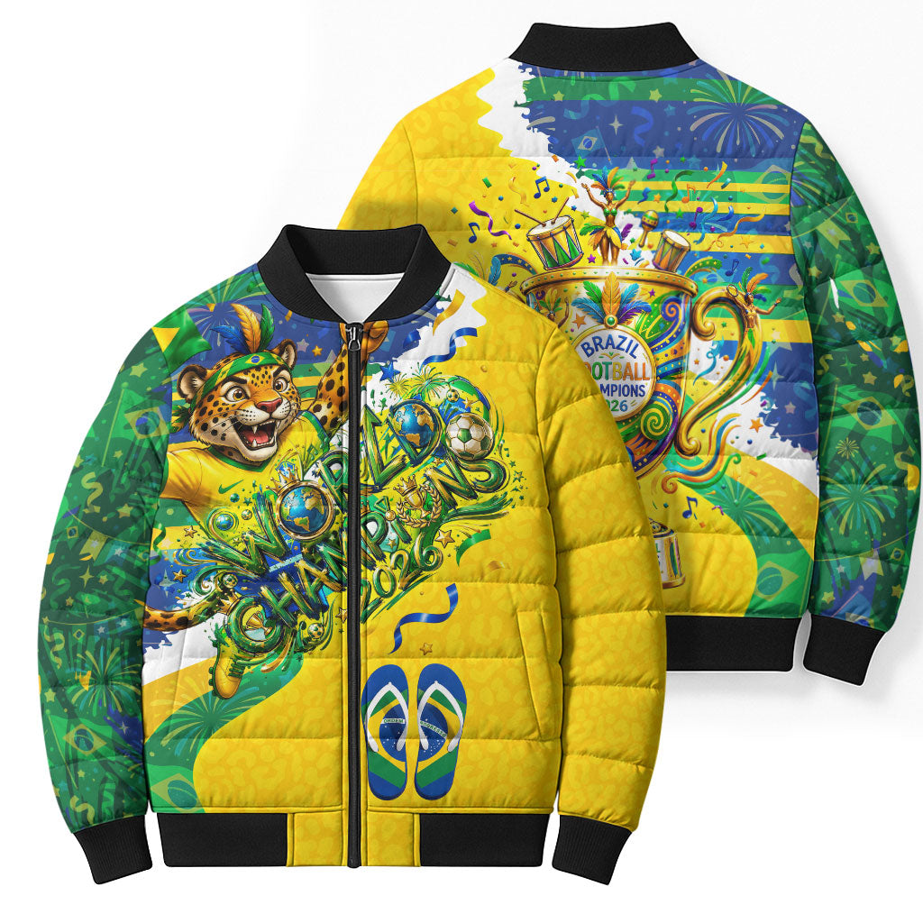Brazil Football World Champions 2026 Bomber Puffer Jacket Brasil Futebol - Jaguar Mascot - Vibrant Carnival Style
