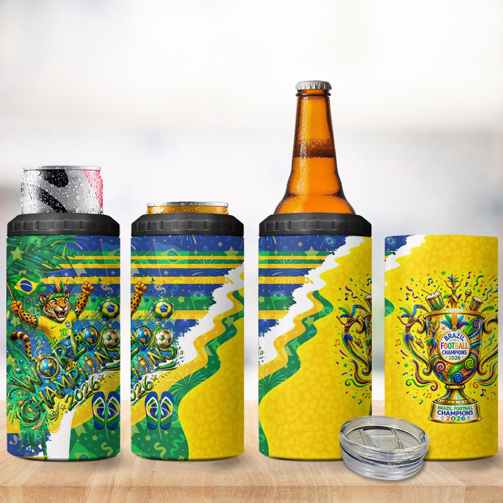 Brazil Football World Champions 2026 4 in 1 Can Cooler Tumbler Brasil Futebol - Jaguar Mascot - Vibrant Carnival Style