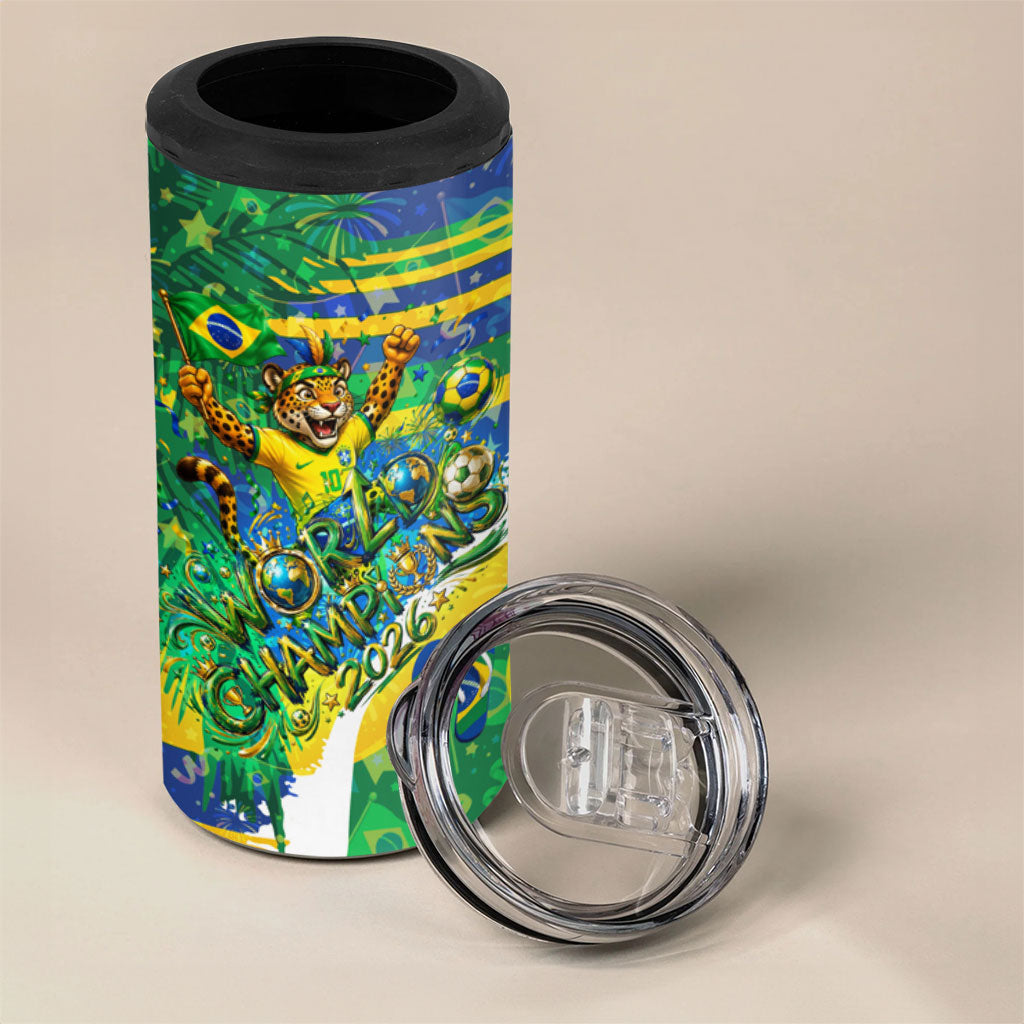 Brazil Football World Champions 2026 4 in 1 Can Cooler Tumbler Brasil Futebol - Jaguar Mascot - Vibrant Carnival Style