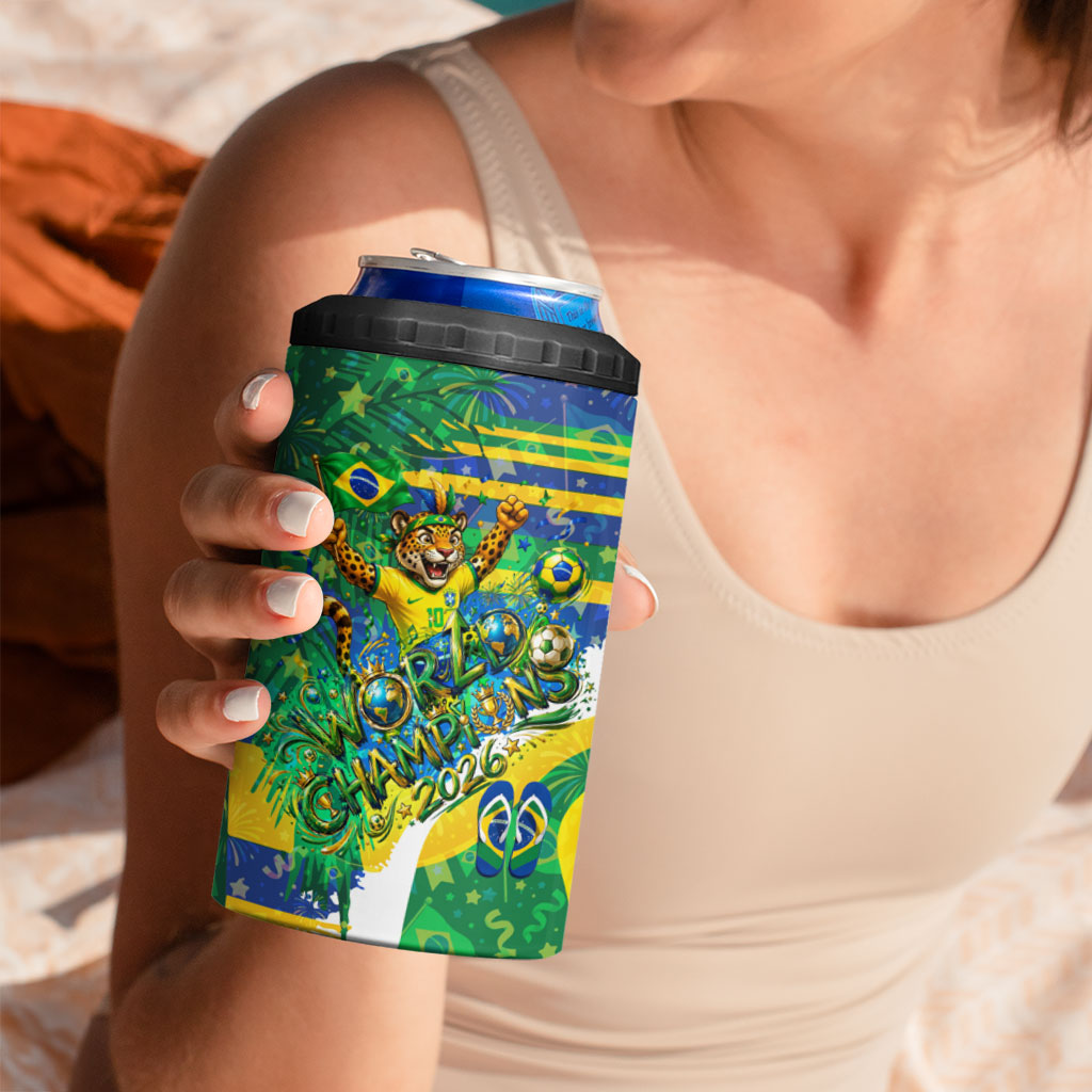 Brazil Football World Champions 2026 4 in 1 Can Cooler Tumbler Brasil Futebol - Jaguar Mascot - Vibrant Carnival Style