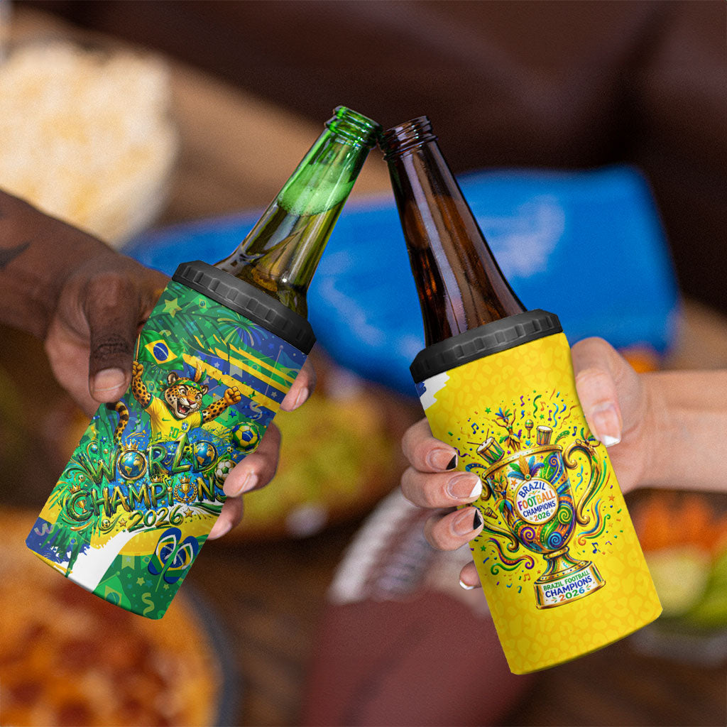 Brazil Football World Champions 2026 4 in 1 Can Cooler Tumbler Brasil Futebol - Jaguar Mascot - Vibrant Carnival Style