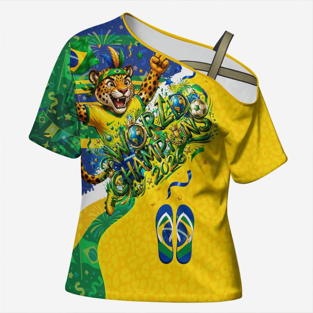 Brazil Football World Champions 2026 Cross Shoulder Shirt Brasil Futebol - Jaguar Mascot - Vibrant Carnival Style