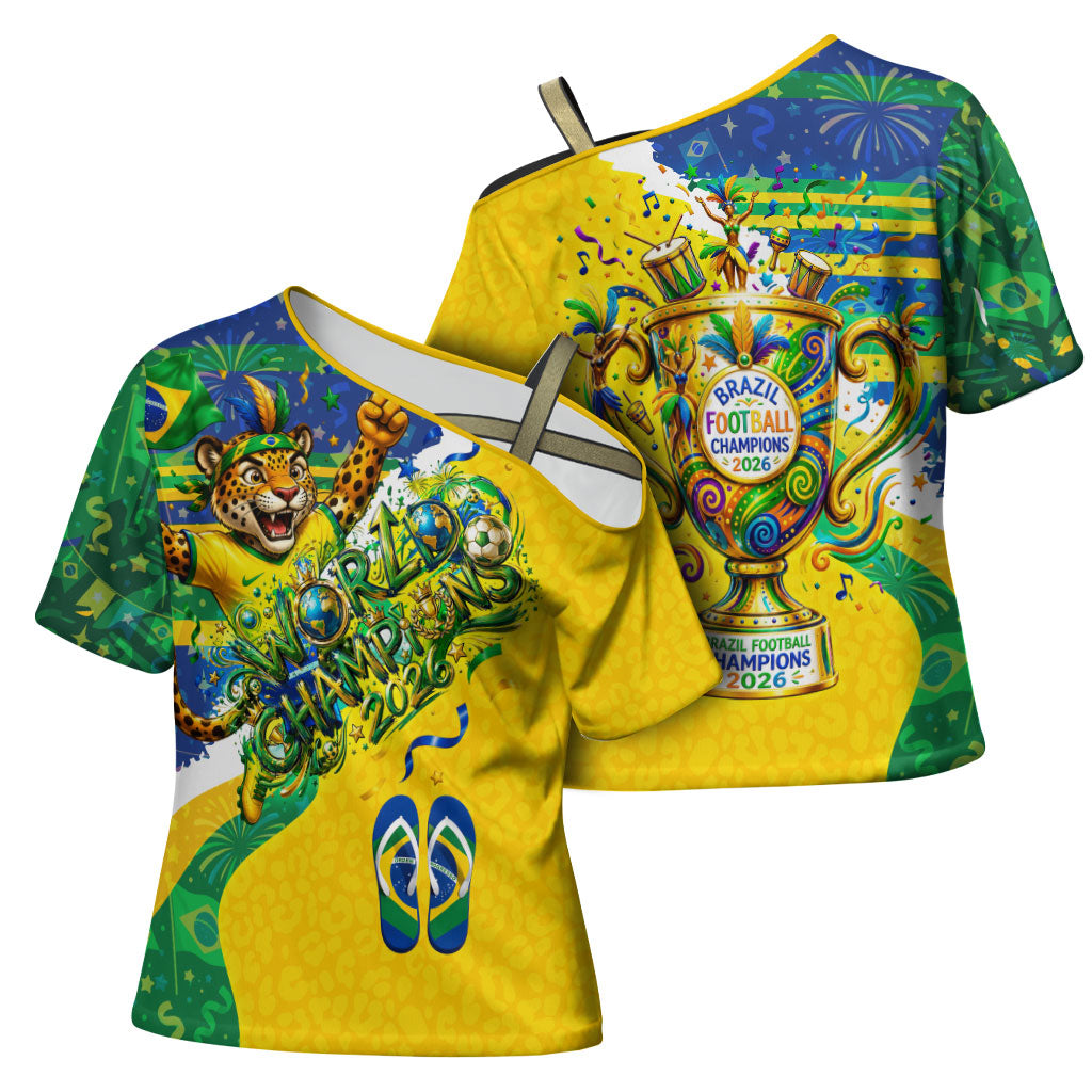 Brazil Football World Champions 2026 Cross Shoulder Shirt Brasil Futebol - Jaguar Mascot - Vibrant Carnival Style