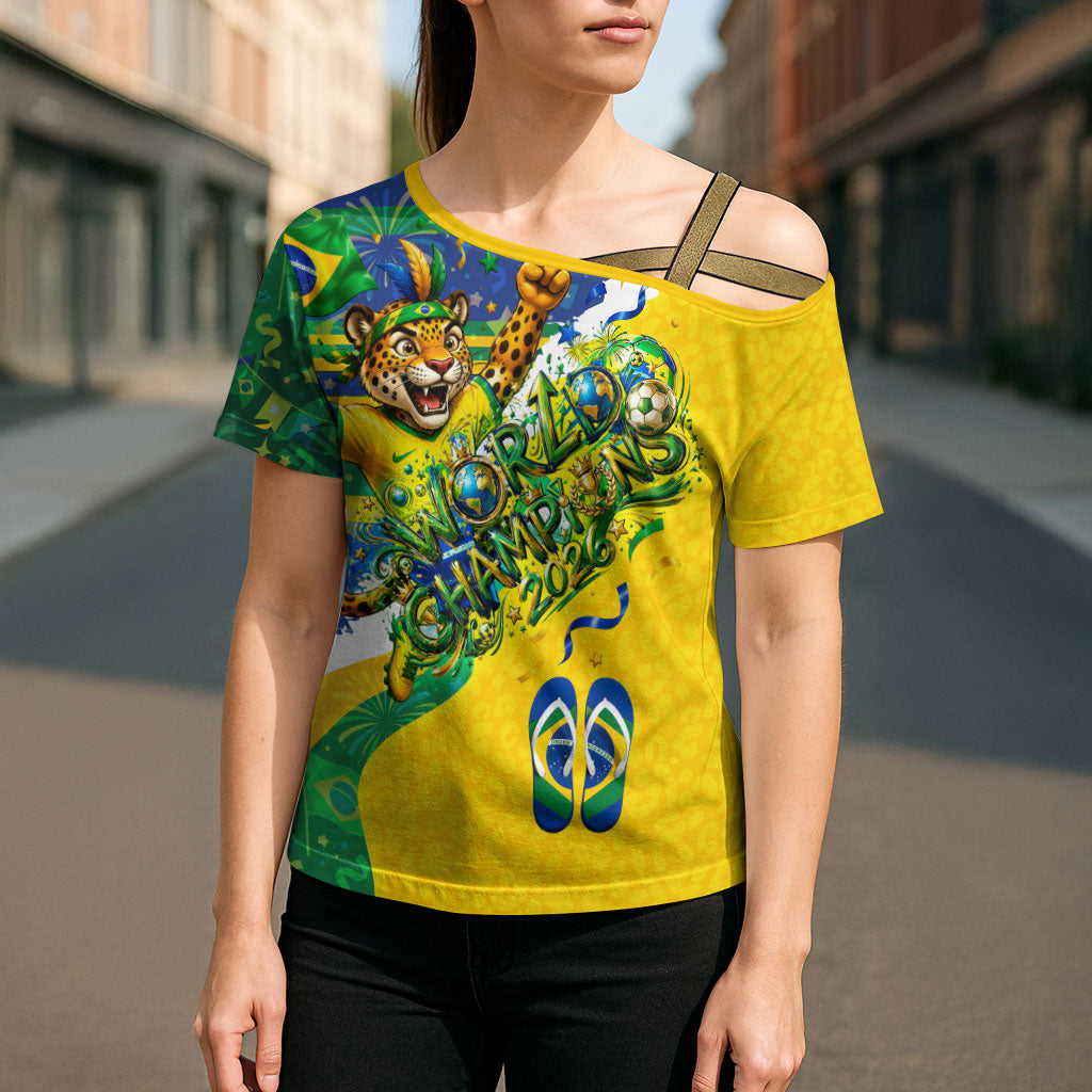 Brazil Football World Champions 2026 Cross Shoulder Shirt Brasil Futebol - Jaguar Mascot - Vibrant Carnival Style