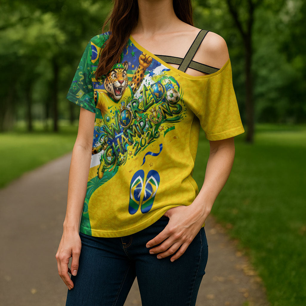 Brazil Football World Champions 2026 Cross Shoulder Shirt Brasil Futebol - Jaguar Mascot - Vibrant Carnival Style