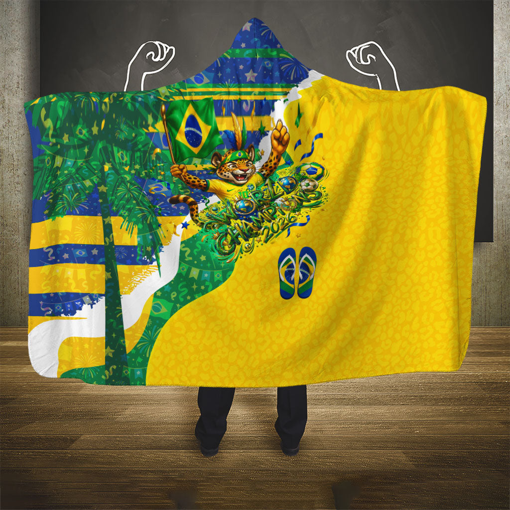 Brazil Football World Champions 2026 Hooded Blanket Brasil Futebol - Jaguar Mascot - Vibrant Carnival Style
