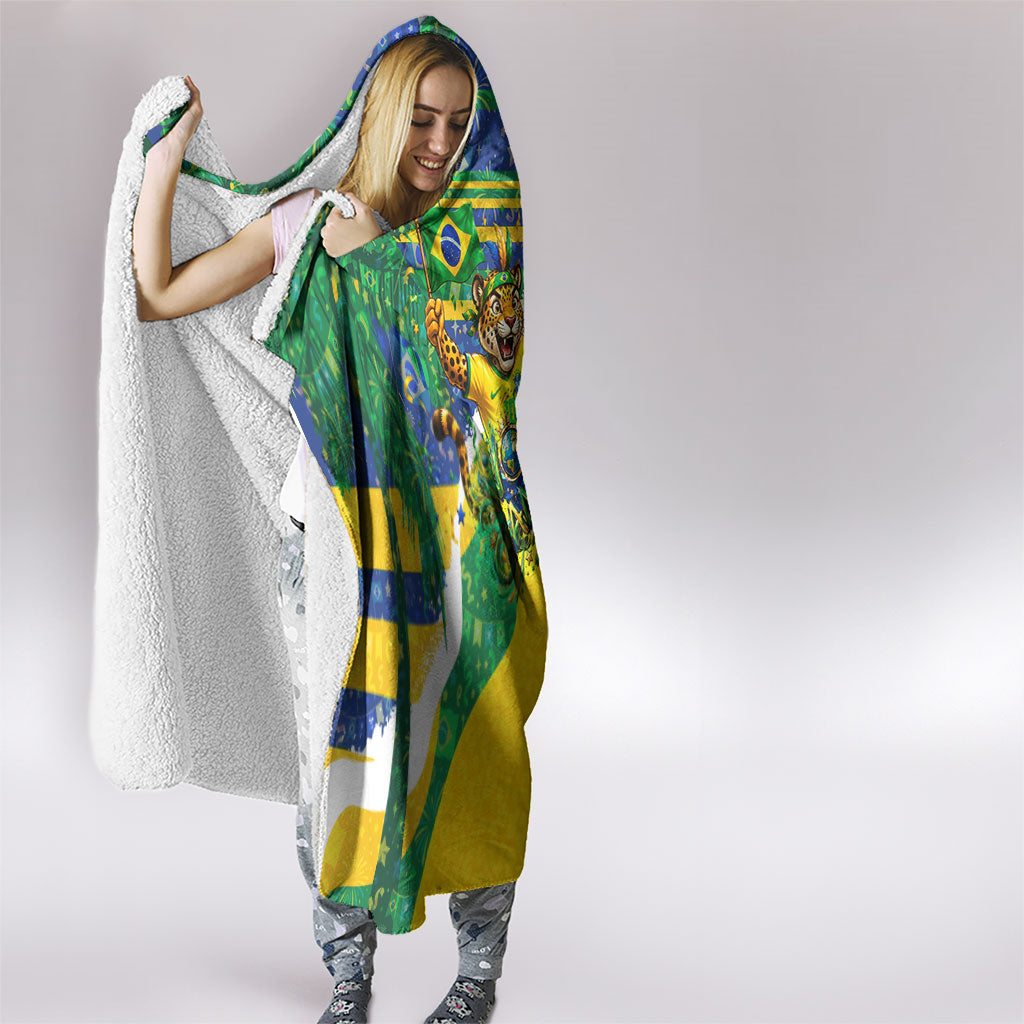 Brazil Football World Champions 2026 Hooded Blanket Brasil Futebol - Jaguar Mascot - Vibrant Carnival Style