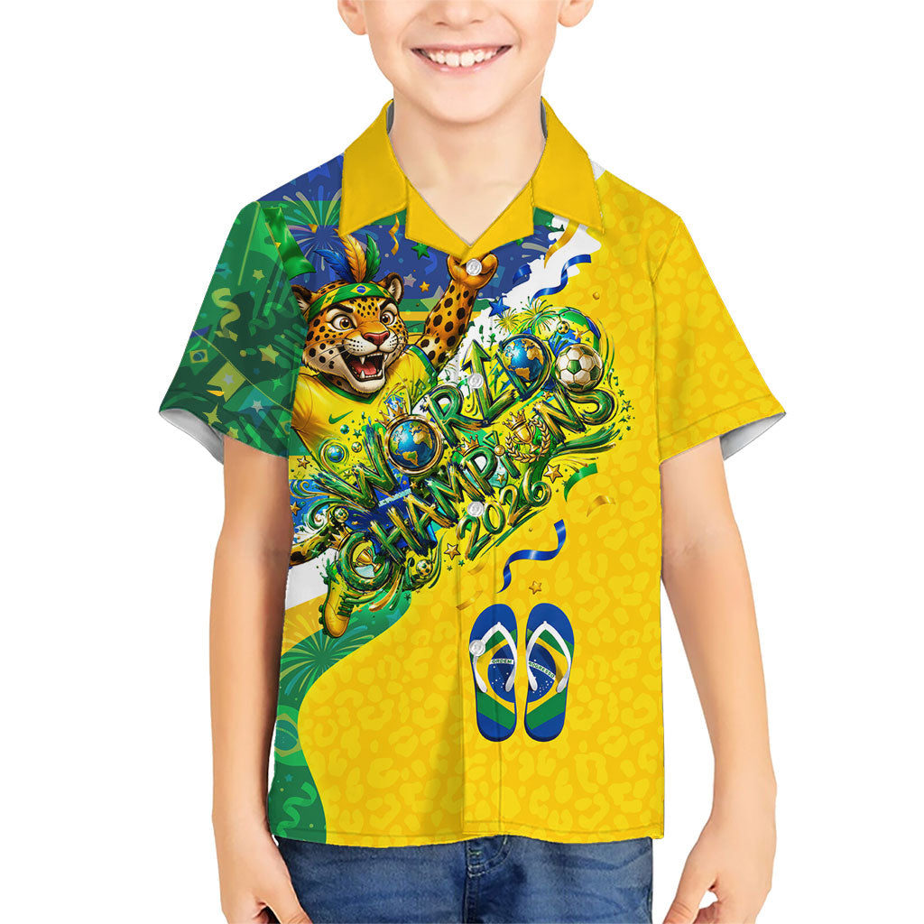 Brazil Football World Champions 2026 Kid Hawaiian Shirt Brasil Futebol - Jaguar Mascot - Vibrant Carnival Style