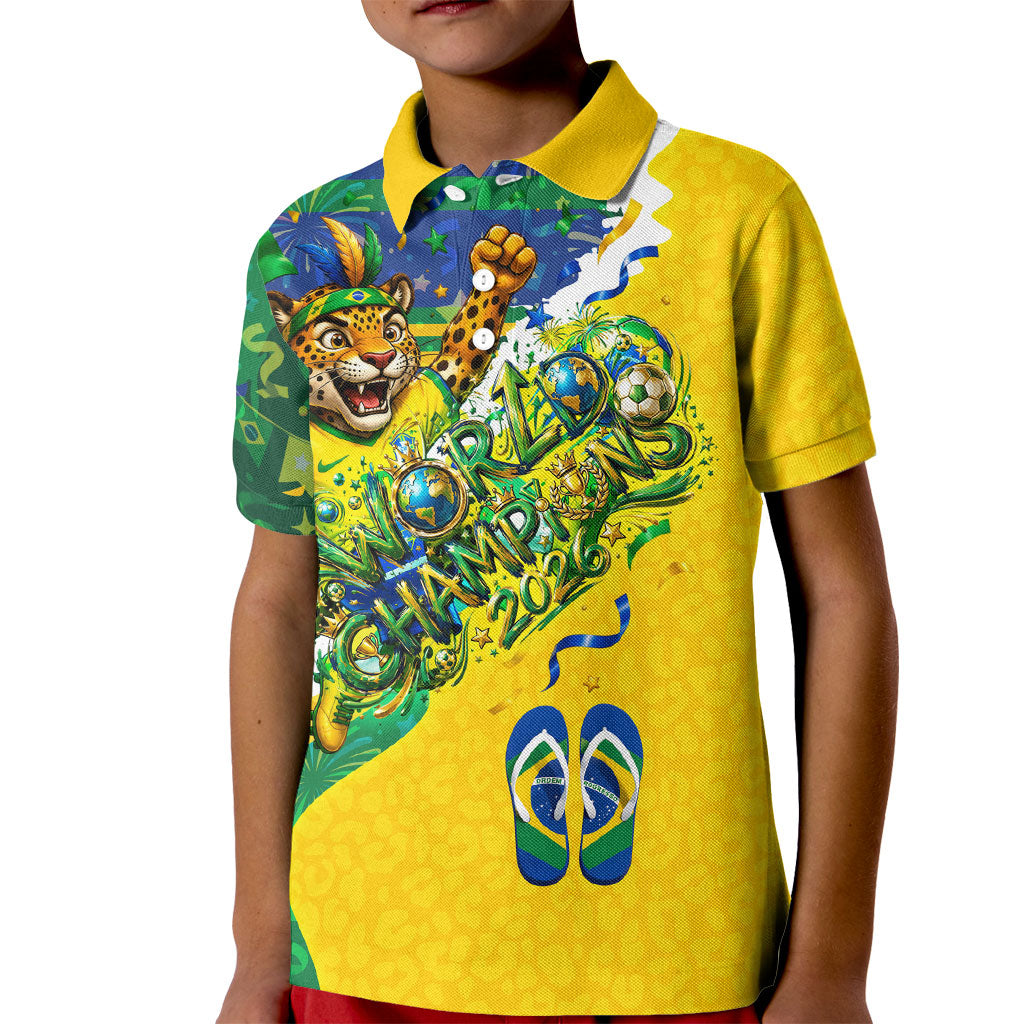 Brazil Football World Champions 2026 Kid Polo Shirt Brasil Futebol - Jaguar Mascot - Vibrant Carnival Style
