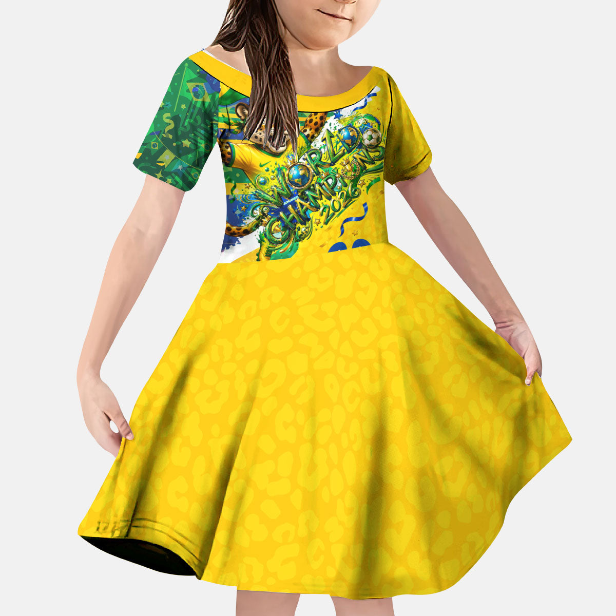 Brazil Football World Champions 2026 Kid Short Sleeve Dress Brasil Futebol - Jaguar Mascot - Vibrant Carnival Style
