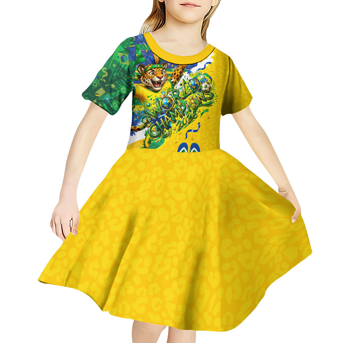 Brazil Football World Champions 2026 Kid Short Sleeve Dress Brasil Futebol - Jaguar Mascot - Vibrant Carnival Style