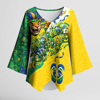 Brazil Football World Champions 2026 Kimono Sleeve Blouse Brasil Futebol - Jaguar Mascot - Vibrant Carnival Style