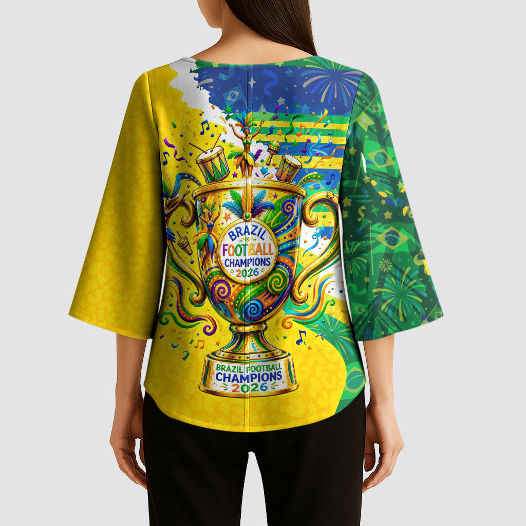 Brazil Football World Champions 2026 Kimono Sleeve Blouse Brasil Futebol - Jaguar Mascot - Vibrant Carnival Style
