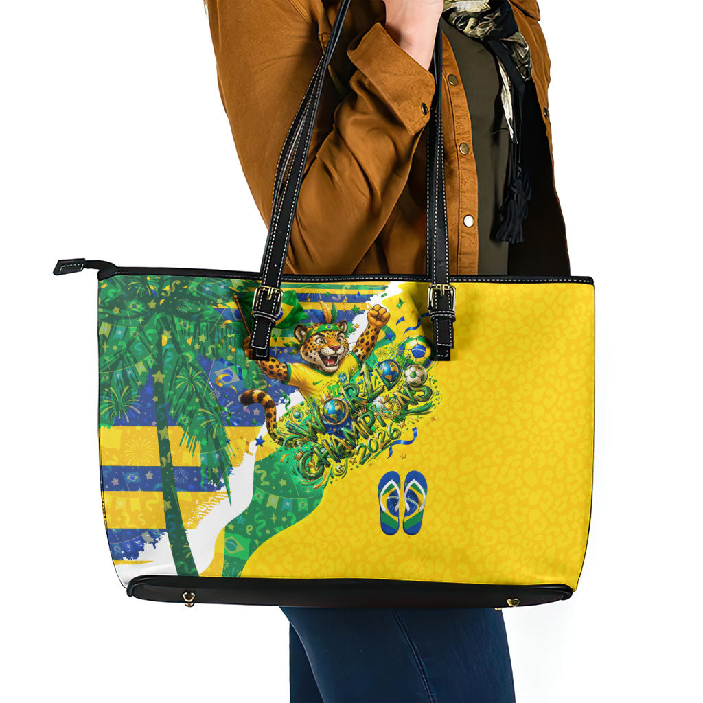 Brazil Football World Champions 2026 Leather Tote Bag Brasil Futebol - Jaguar Mascot - Vibrant Carnival Style
