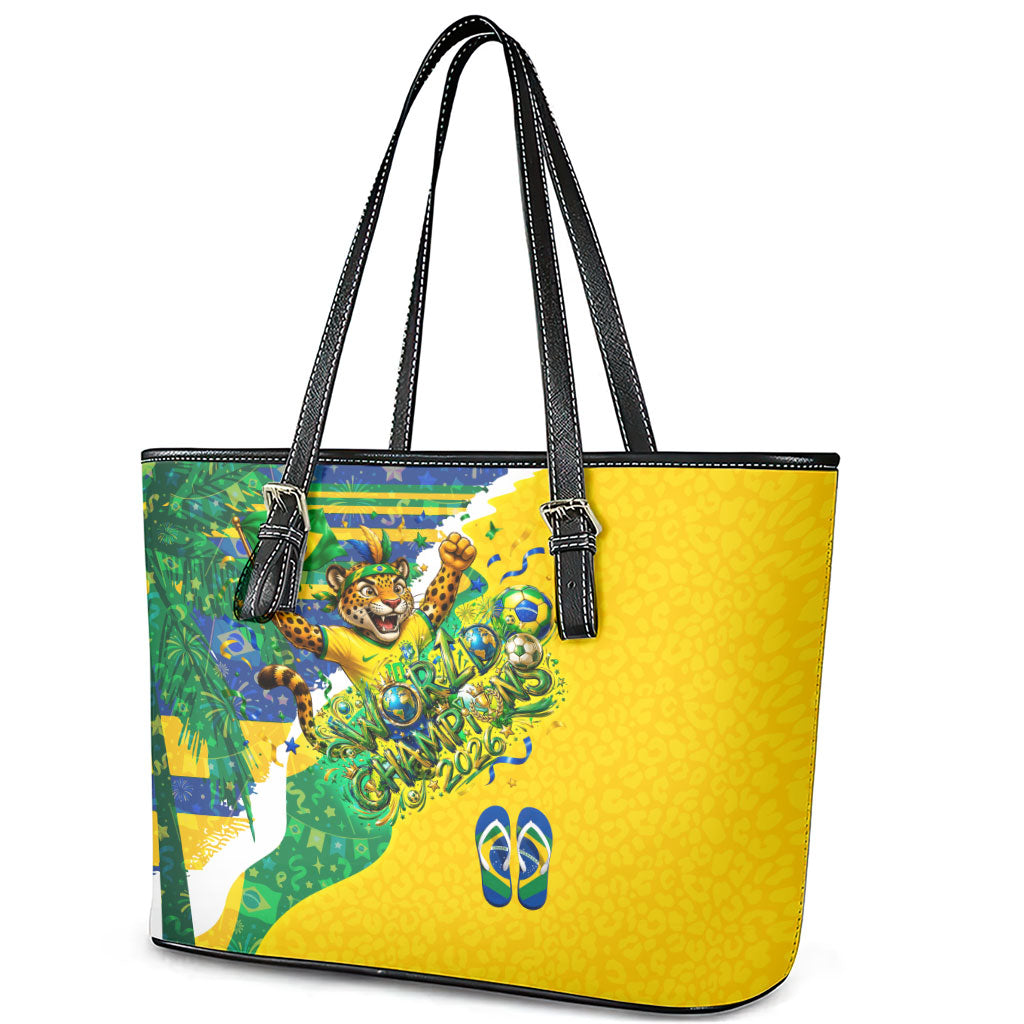 Brazil Football World Champions 2026 Leather Tote Bag Brasil Futebol - Jaguar Mascot - Vibrant Carnival Style