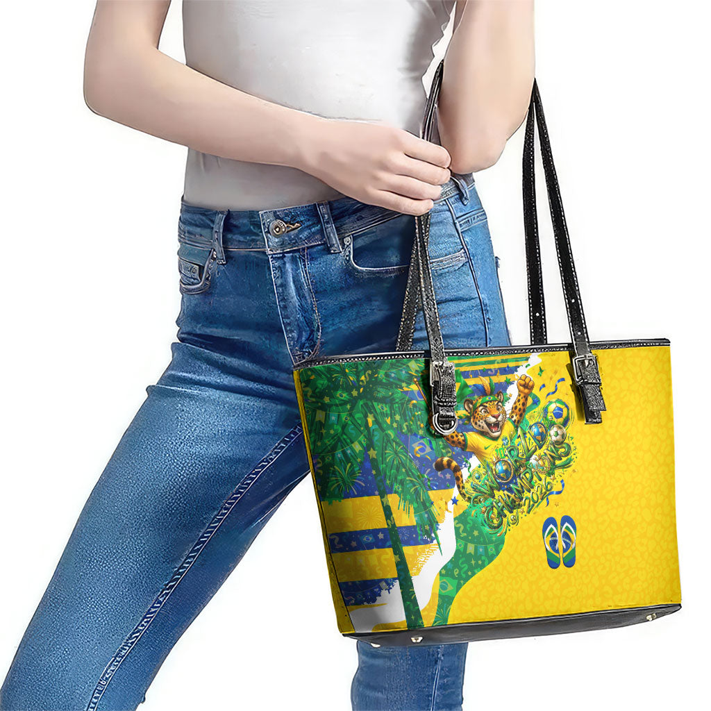 Brazil Football World Champions 2026 Leather Tote Bag Brasil Futebol - Jaguar Mascot - Vibrant Carnival Style