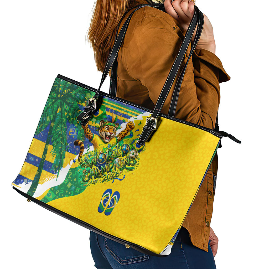 Brazil Football World Champions 2026 Leather Tote Bag Brasil Futebol - Jaguar Mascot - Vibrant Carnival Style