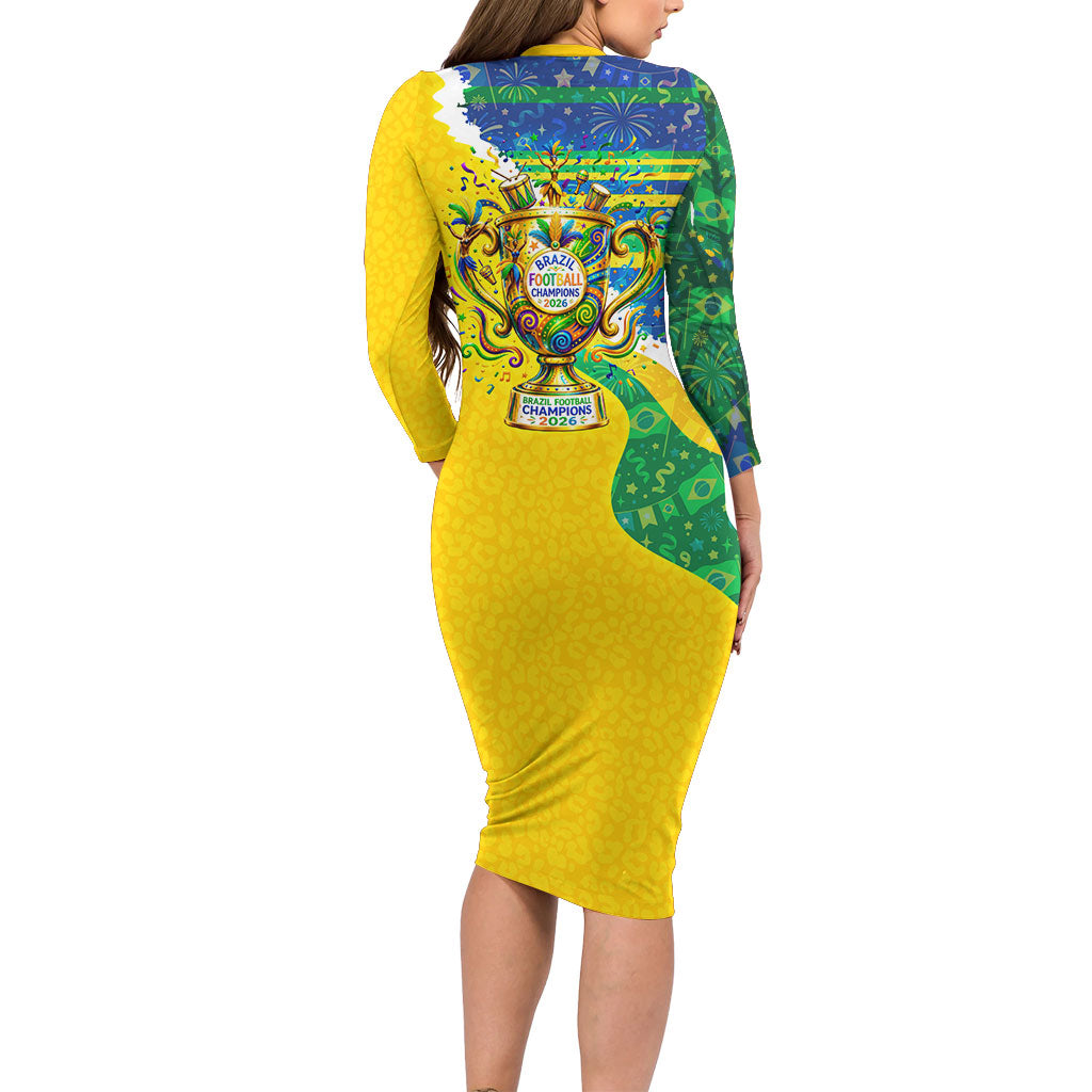 Brazil Football World Champions 2026 Long Sleeve Bodycon Dress Brasil Futebol - Jaguar Mascot - Vibrant Carnival Style