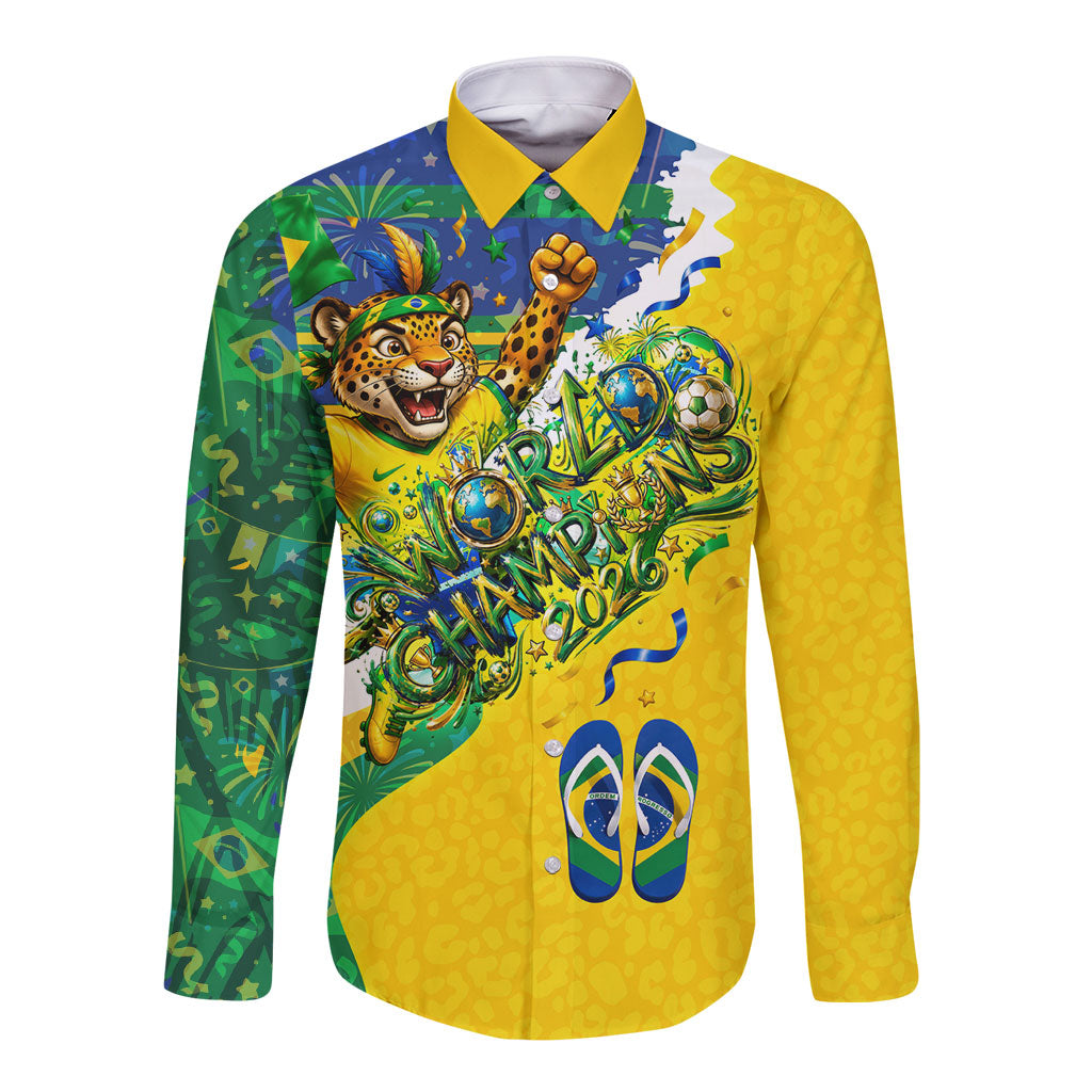 Brazil Football World Champions 2026 Long Sleeve Button Shirt Brasil Futebol - Jaguar Mascot - Vibrant Carnival Style
