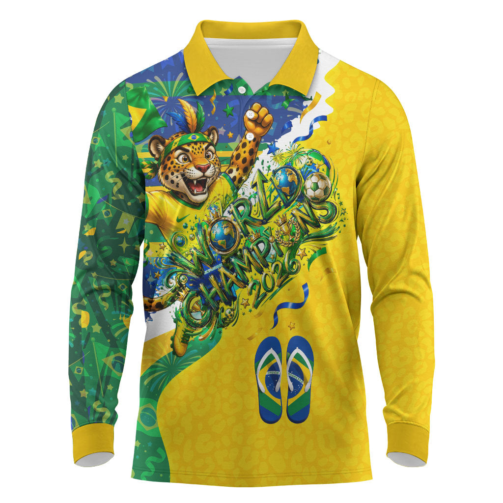 Brazil Football World Champions 2026 Long Sleeve Polo Shirt Brasil Futebol - Jaguar Mascot - Vibrant Carnival Style