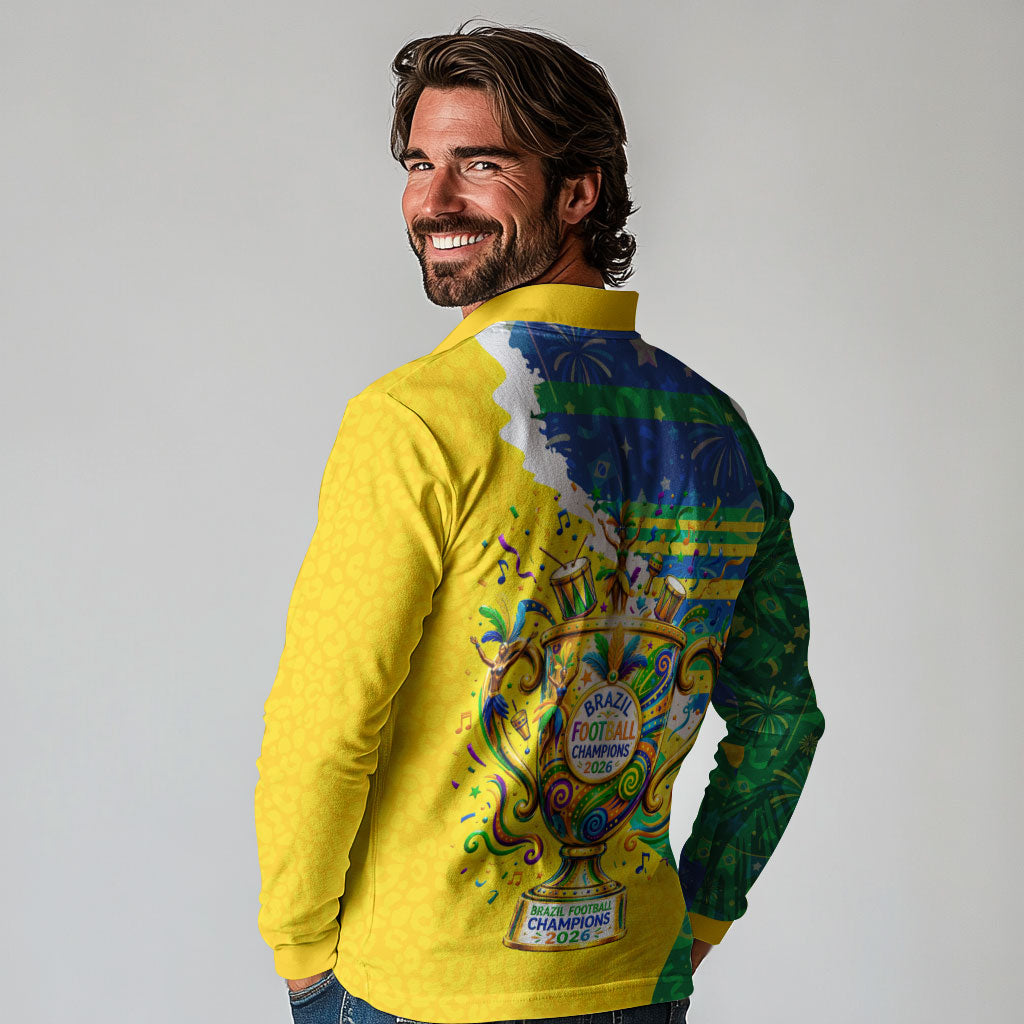 Brazil Football World Champions 2026 Long Sleeve Polo Shirt Brasil Futebol - Jaguar Mascot - Vibrant Carnival Style