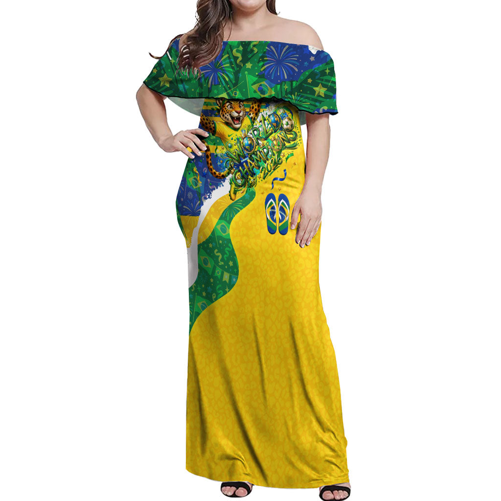 Brazil Football World Champions 2026 Off Shoulder Maxi Dress Brasil Futebol - Jaguar Mascot - Vibrant Carnival Style