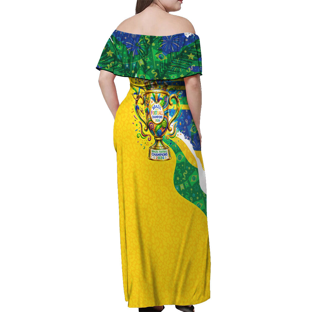 Brazil Football World Champions 2026 Off Shoulder Maxi Dress Brasil Futebol - Jaguar Mascot - Vibrant Carnival Style