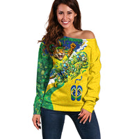 Brazil Football World Champions 2026 Off Shoulder Sweater Brasil Futebol - Jaguar Mascot - Vibrant Carnival Style