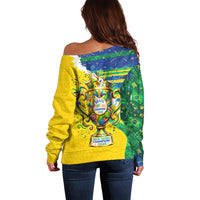 Brazil Football World Champions 2026 Off Shoulder Sweater Brasil Futebol - Jaguar Mascot - Vibrant Carnival Style
