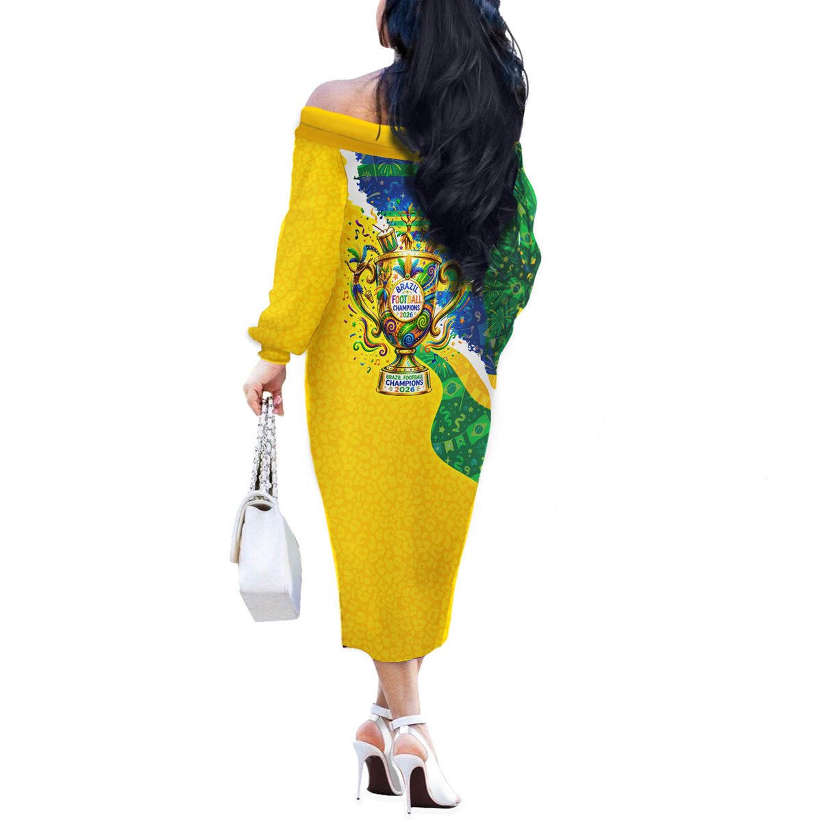 Brazil Football World Champions 2026 Off The Shoulder Long Sleeve Dress Brasil Futebol - Jaguar Mascot - Vibrant Carnival Style