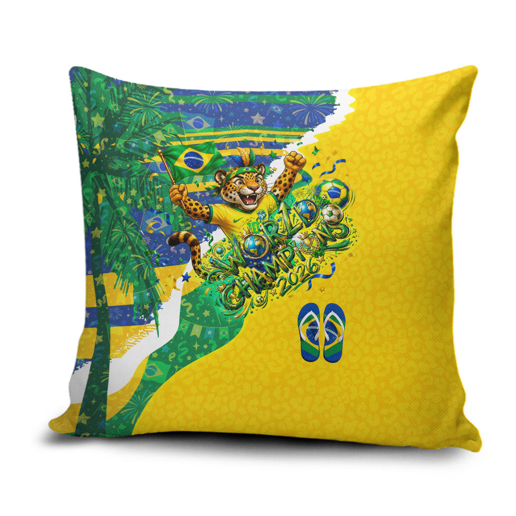 Brazil Football World Champions 2026 Pillow Cover Brasil Futebol - Jaguar Mascot - Vibrant Carnival Style