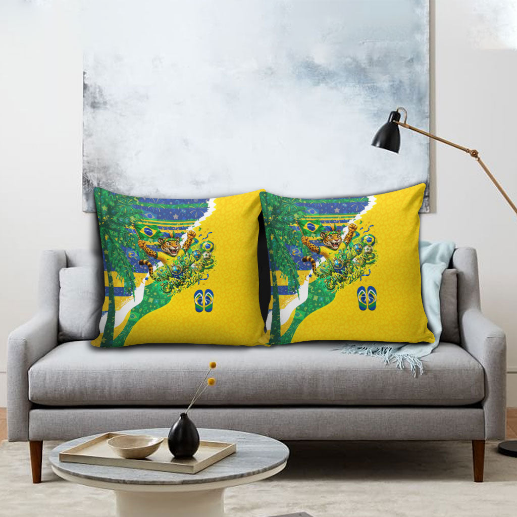 Brazil Football World Champions 2026 Pillow Cover Brasil Futebol - Jaguar Mascot - Vibrant Carnival Style