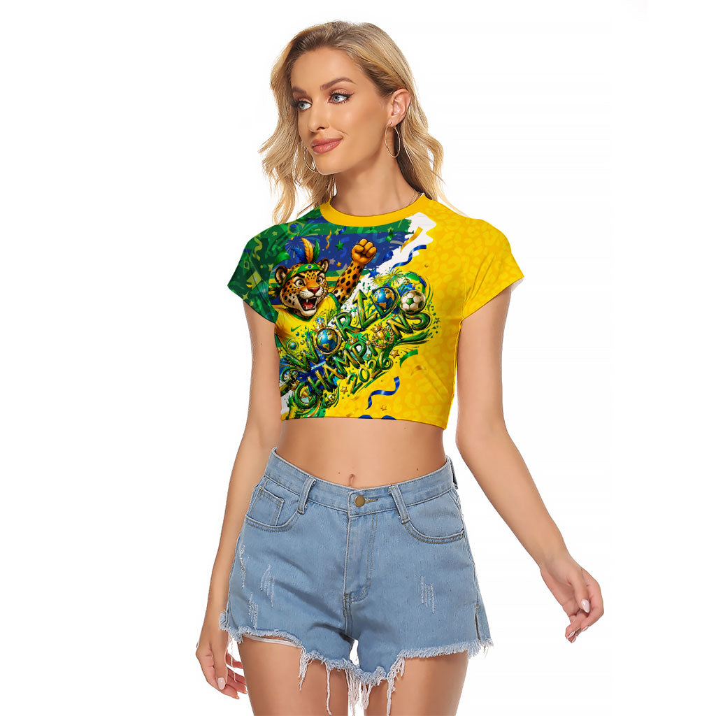 Brazil Football World Champions 2026 Raglan Cropped T Shirt Brasil Futebol - Jaguar Mascot - Vibrant Carnival Style