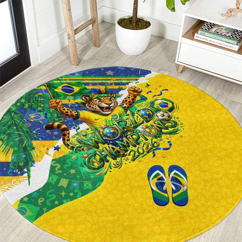 Brazil Football World Champions 2026 Round Carpet Brasil Futebol - Jaguar Mascot - Vibrant Carnival Style
