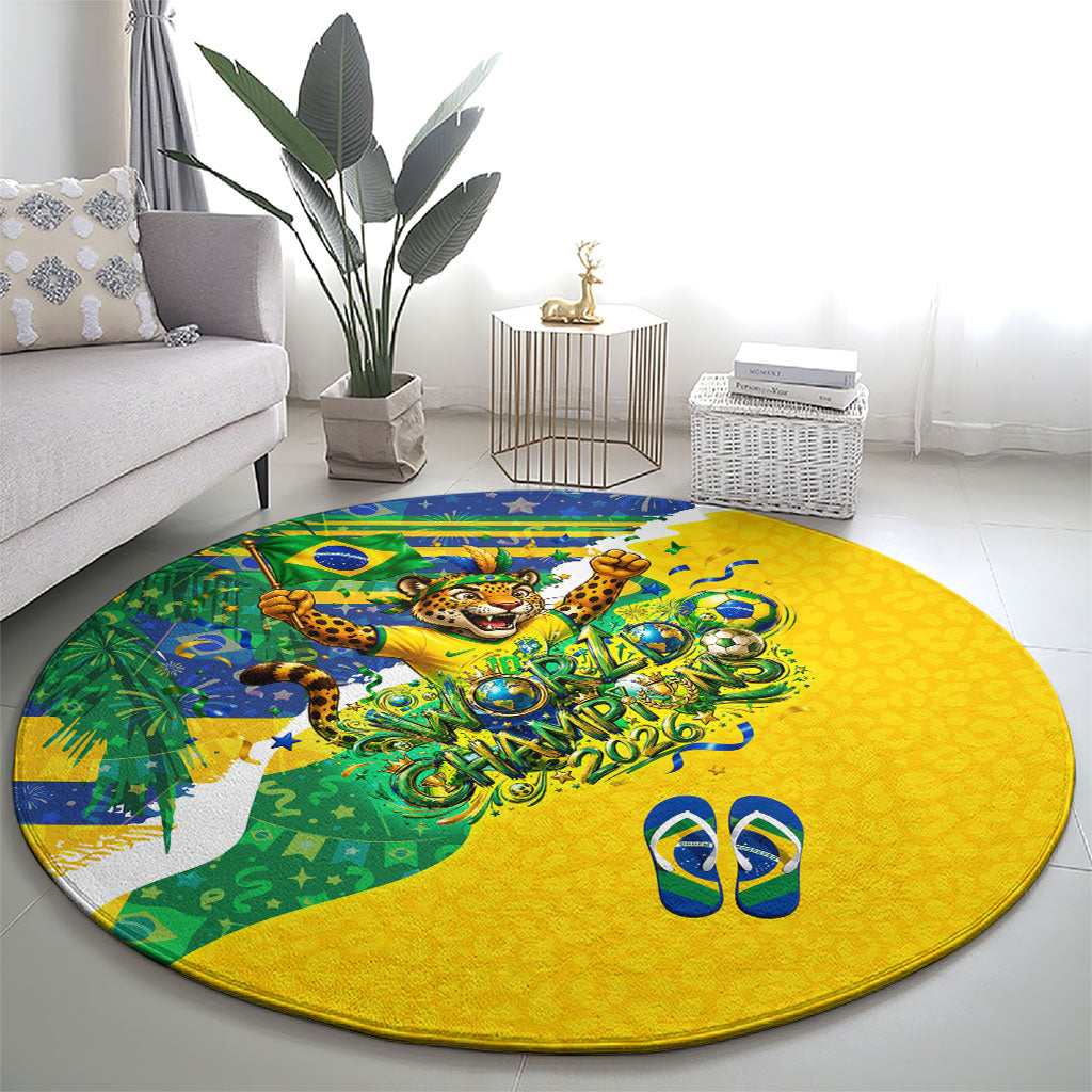 Brazil Football World Champions 2026 Round Carpet Brasil Futebol - Jaguar Mascot - Vibrant Carnival Style