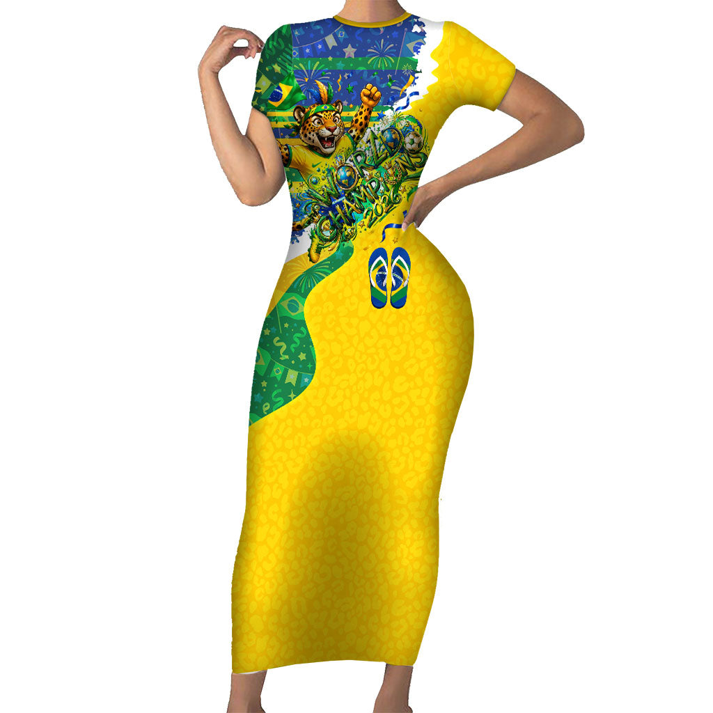 Brazil Football World Champions 2026 Short Sleeve Bodycon Dress Brasil Futebol - Jaguar Mascot - Vibrant Carnival Style