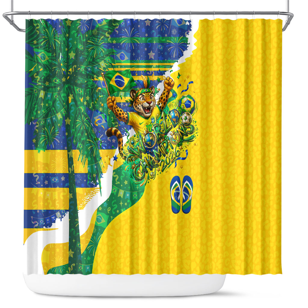 Brazil Football World Champions 2026 Shower Curtain Brasil Futebol - Jaguar Mascot - Vibrant Carnival Style