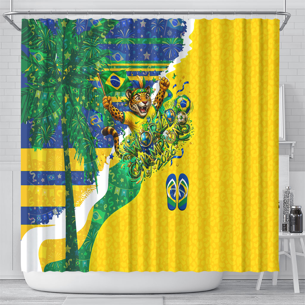 Brazil Football World Champions 2026 Shower Curtain Brasil Futebol - Jaguar Mascot - Vibrant Carnival Style