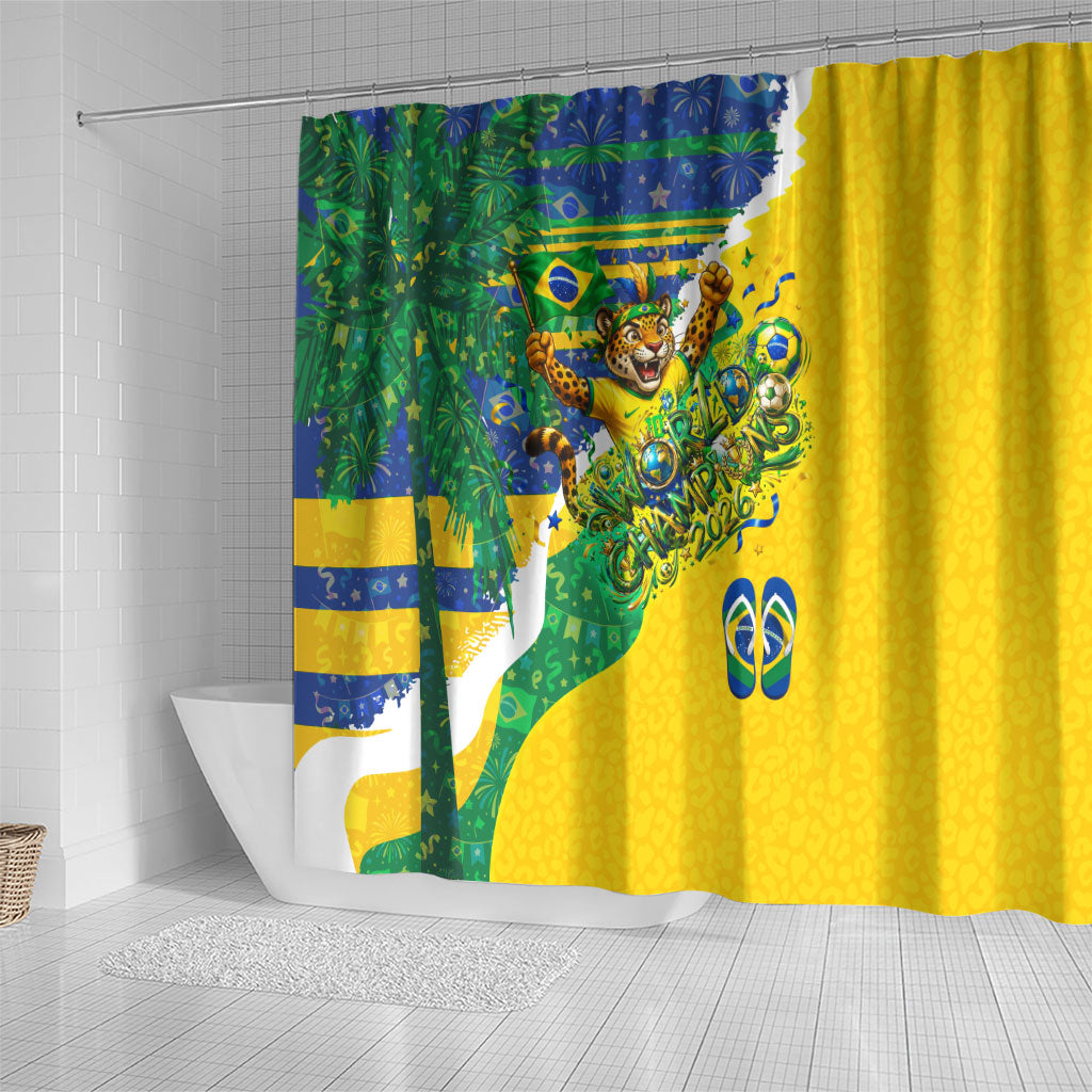 Brazil Football World Champions 2026 Shower Curtain Brasil Futebol - Jaguar Mascot - Vibrant Carnival Style