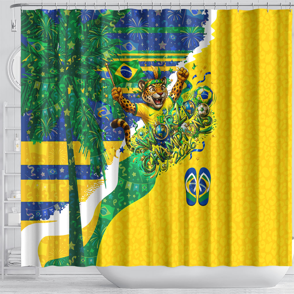 Brazil Football World Champions 2026 Shower Curtain Brasil Futebol - Jaguar Mascot - Vibrant Carnival Style