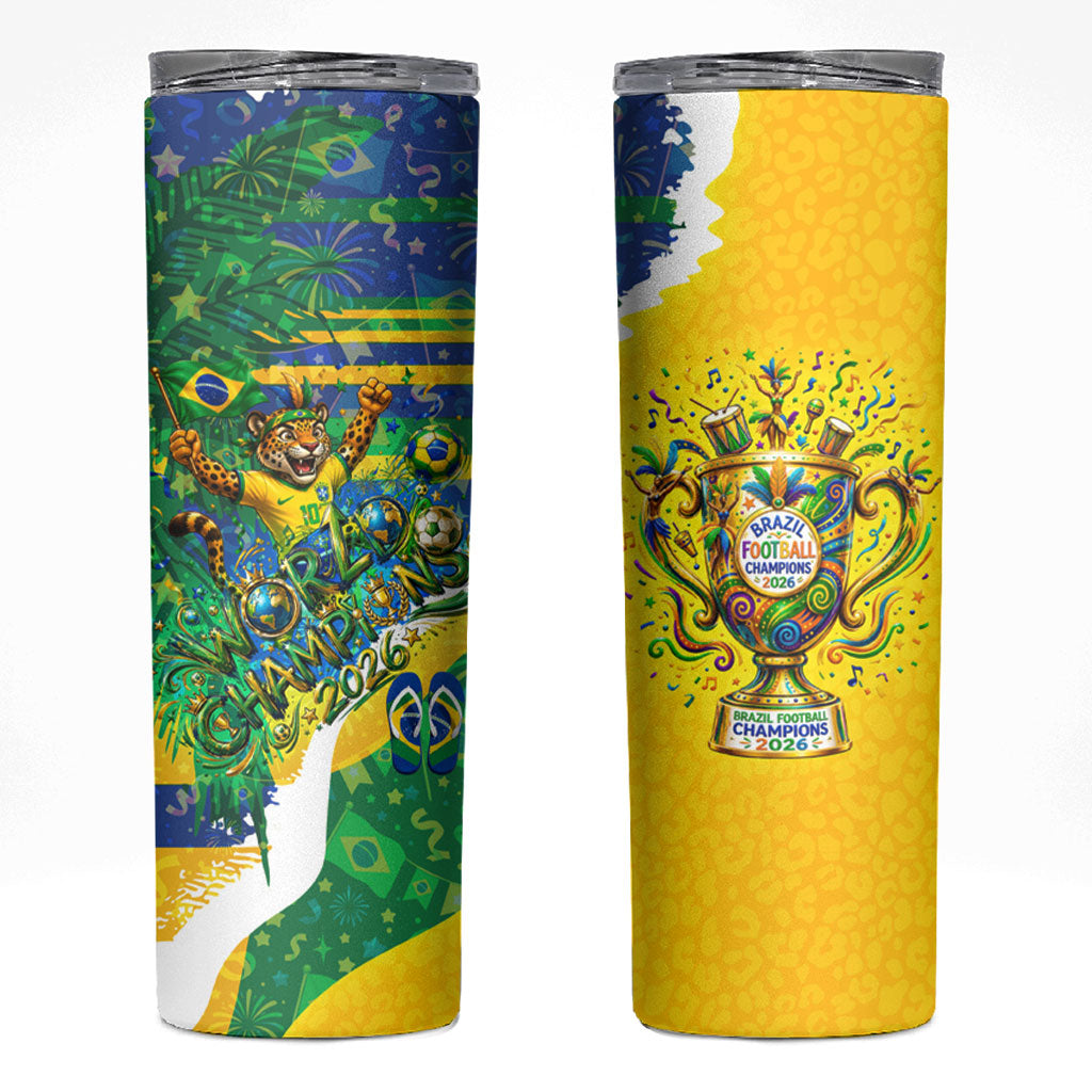 Brazil Football World Champions 2026 Skinny Tumbler Brasil Futebol - Jaguar Mascot - Vibrant Carnival Style