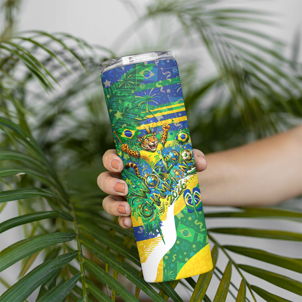 Brazil Football World Champions 2026 Skinny Tumbler Brasil Futebol - Jaguar Mascot - Vibrant Carnival Style