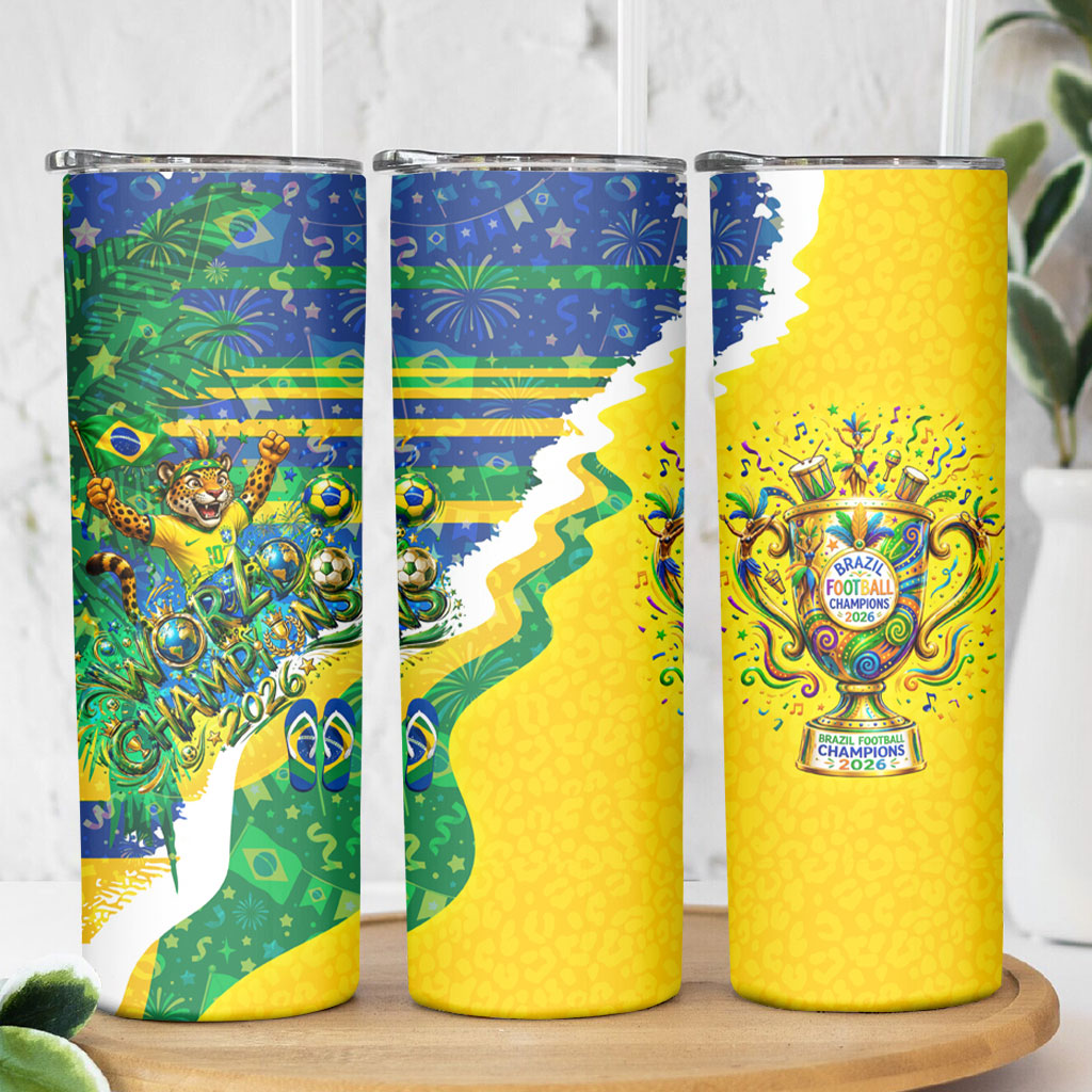 Brazil Football World Champions 2026 Skinny Tumbler Brasil Futebol - Jaguar Mascot - Vibrant Carnival Style