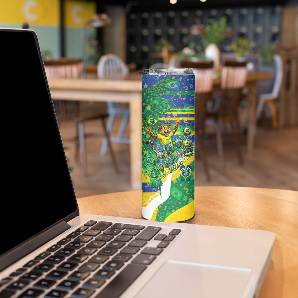 Brazil Football World Champions 2026 Skinny Tumbler Brasil Futebol - Jaguar Mascot - Vibrant Carnival Style