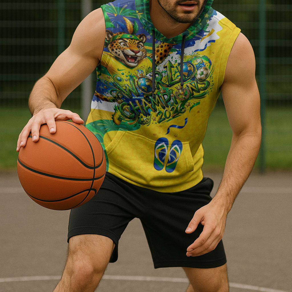 Brazil Football World Champions 2026 Sleeveless Hoodie Brasil Futebol - Jaguar Mascot - Vibrant Carnival Style