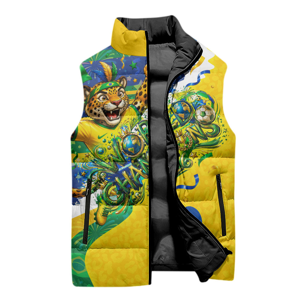 Brazil Football World Champions 2026 Sleeveless Puffer Jacket Brasil Futebol - Jaguar Mascot - Vibrant Carnival Style